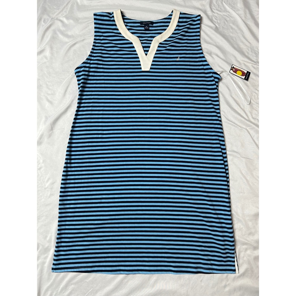 Nautica Womens Sleeveless Striped V-Neck Knit Polo Dress Blue Navy XL 9133JD